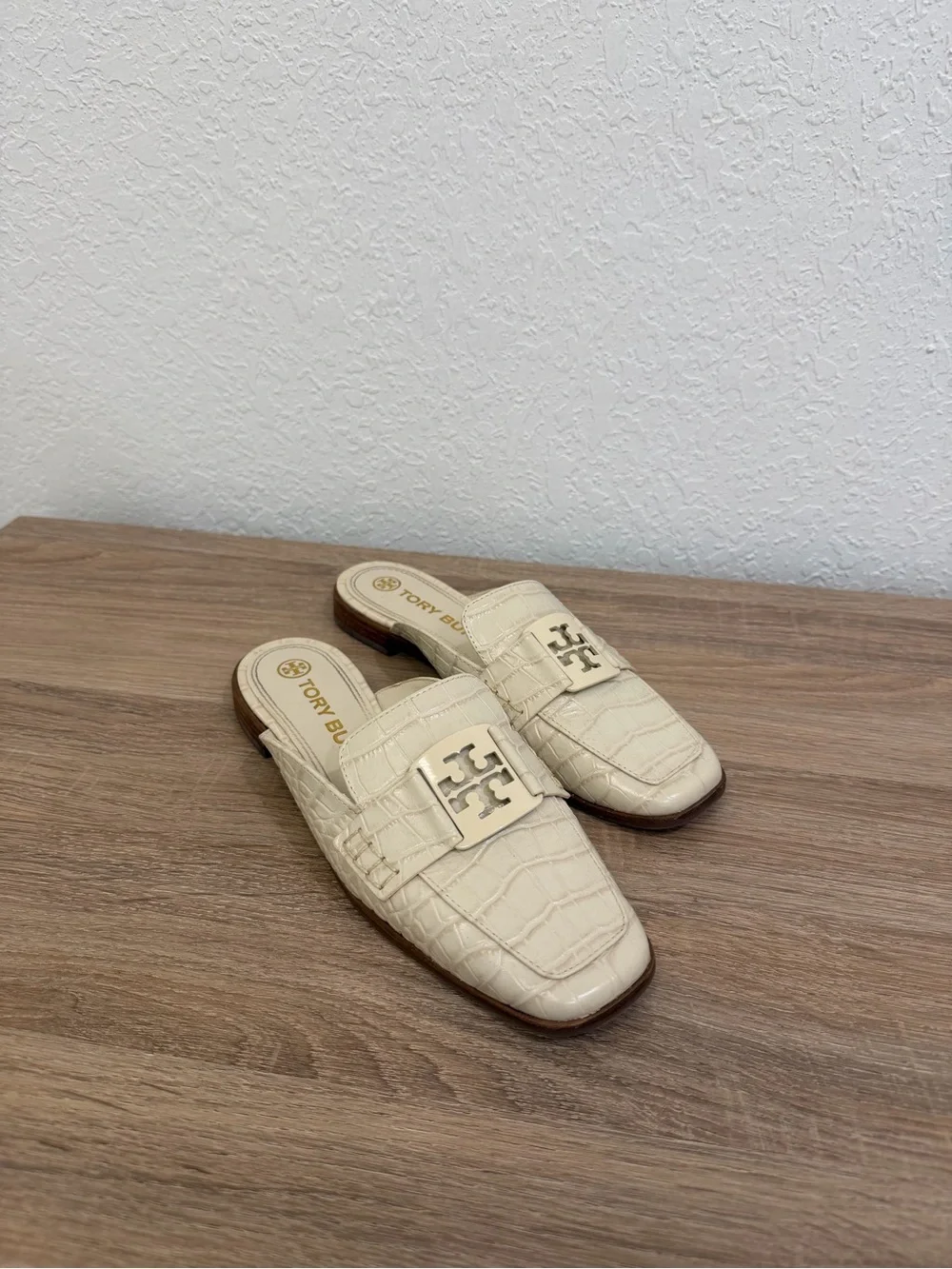 Tory Burch Cream Croc-Embossed Slip-On Mules with Logo